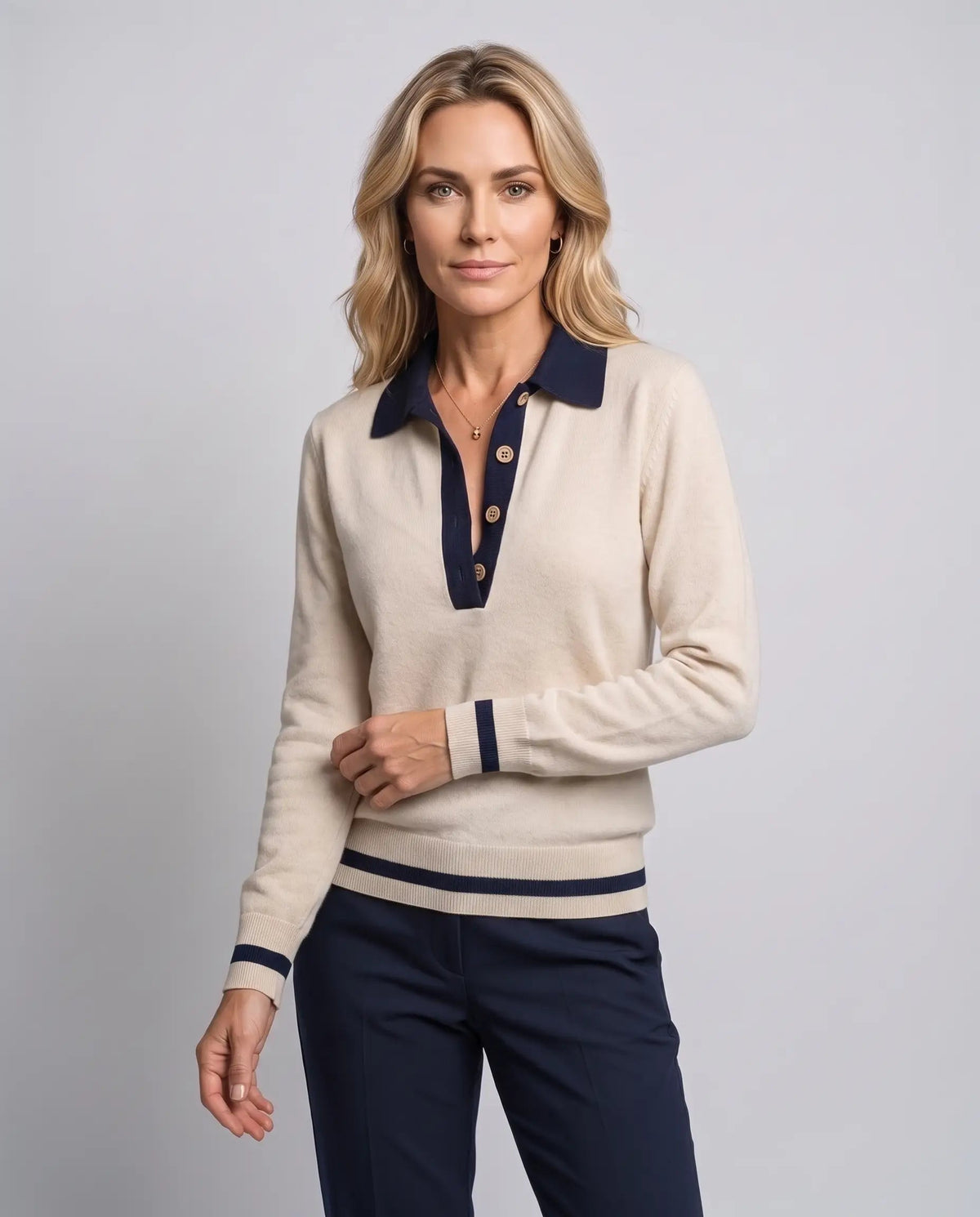 Alice | Women’s Polo Sweater | Pullover Jumper with Button Placket and Contrast Collar-Women's Sweater-Ellegamo