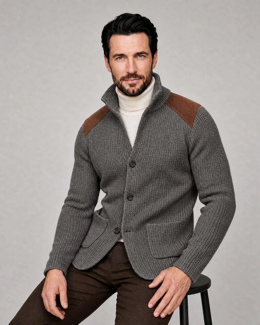 Arthur | Men’s Knit Blazer | Cardigan Jacket with Contrast Shoulder Panels and Patch Pockets-Men Blazers-Ellegamo