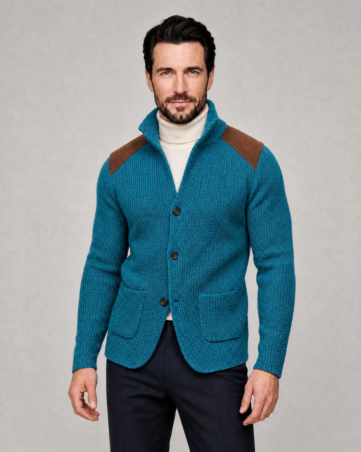 Arthur | Men’s Knit Blazer | Cardigan Jacket with Contrast Shoulder Panels and Patch Pockets-Men Blazers-Ellegamo