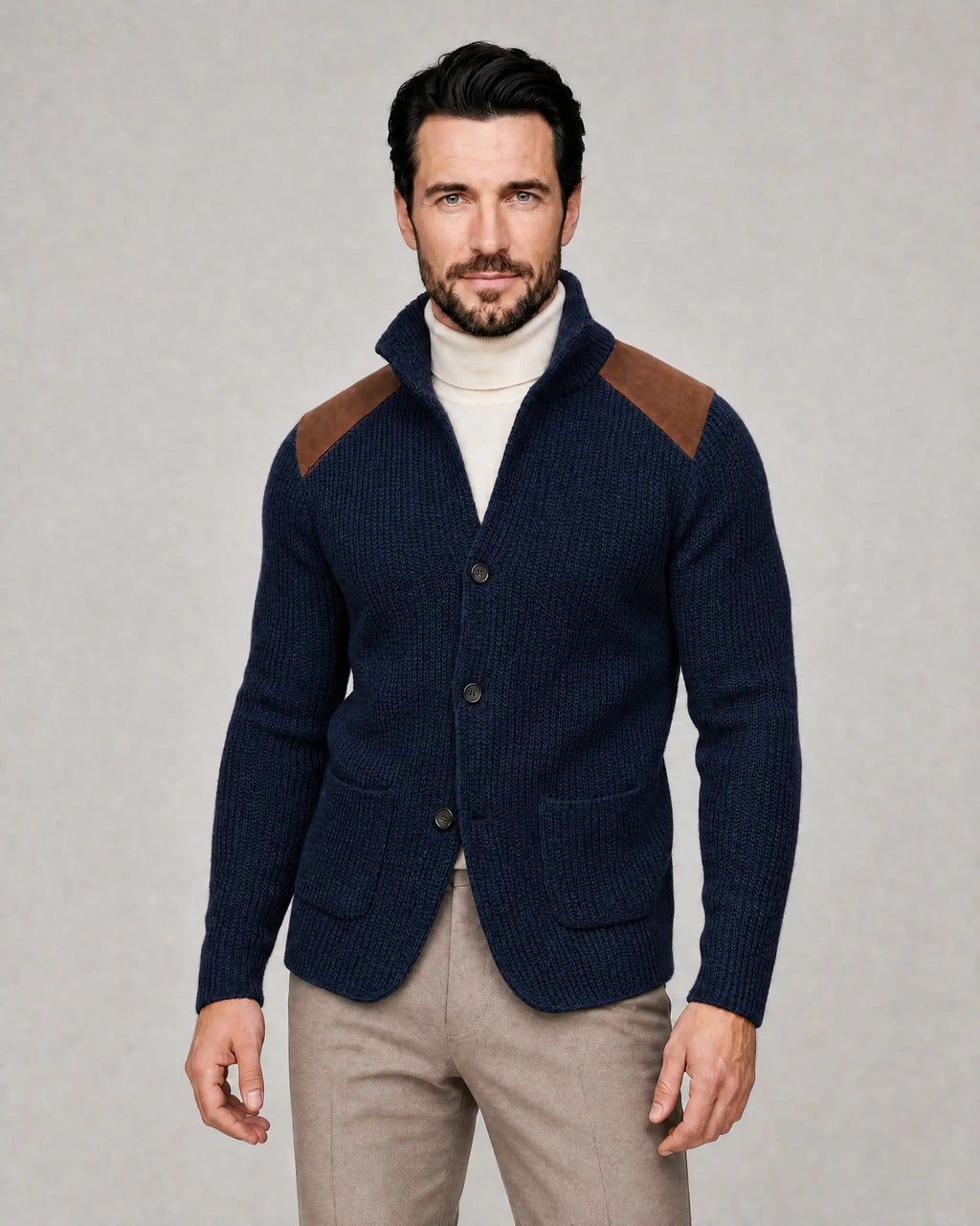 Arthur | Men’s Knit Blazer | Cardigan Jacket with Contrast Shoulder Panels and Patch Pockets-Men Blazers-Ellegamo