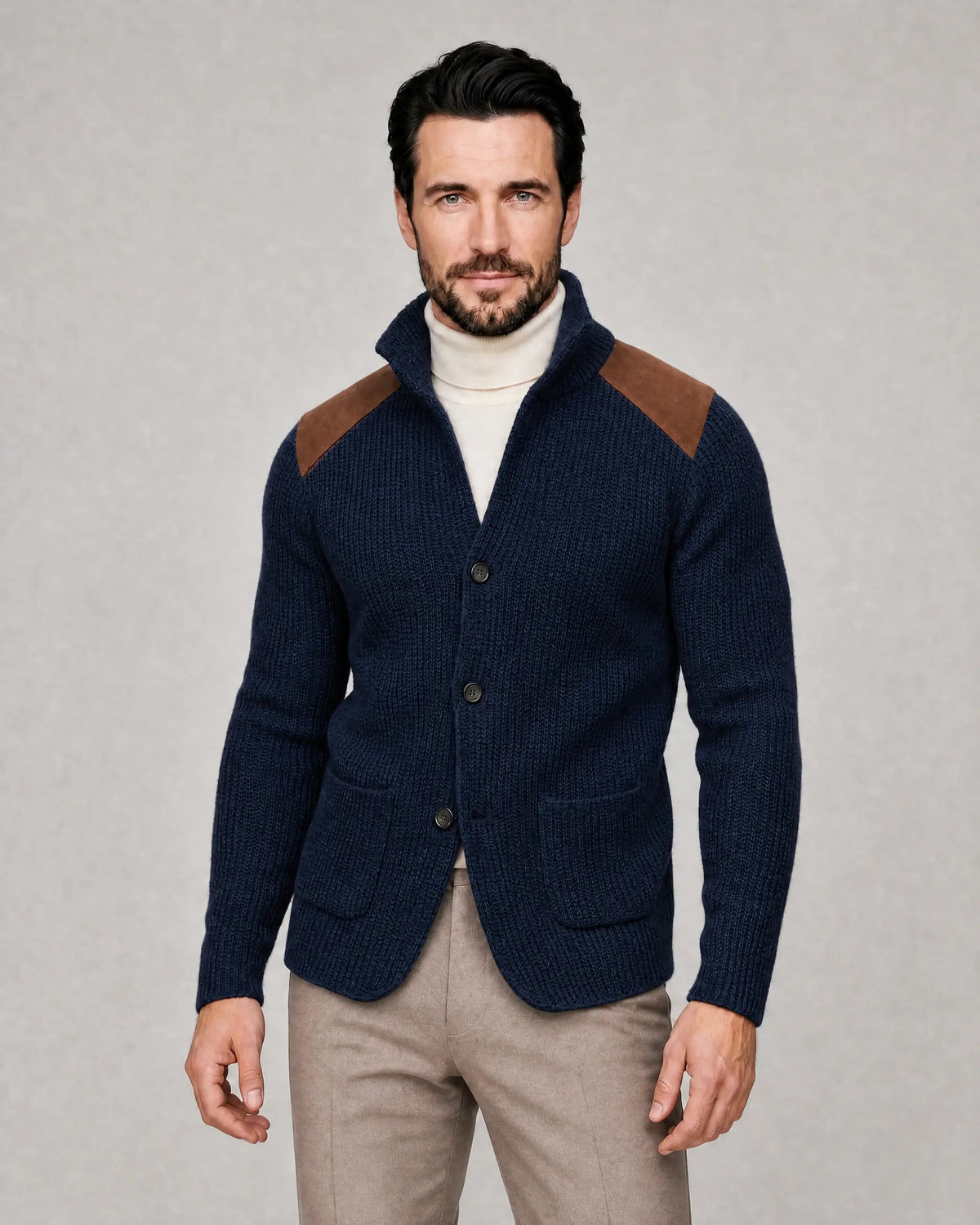 Arthur | Men’s Knit Blazer | Cardigan Jacket with Contrast Shoulder Panels and Patch Pockets-Men Blazers-Ellegamo