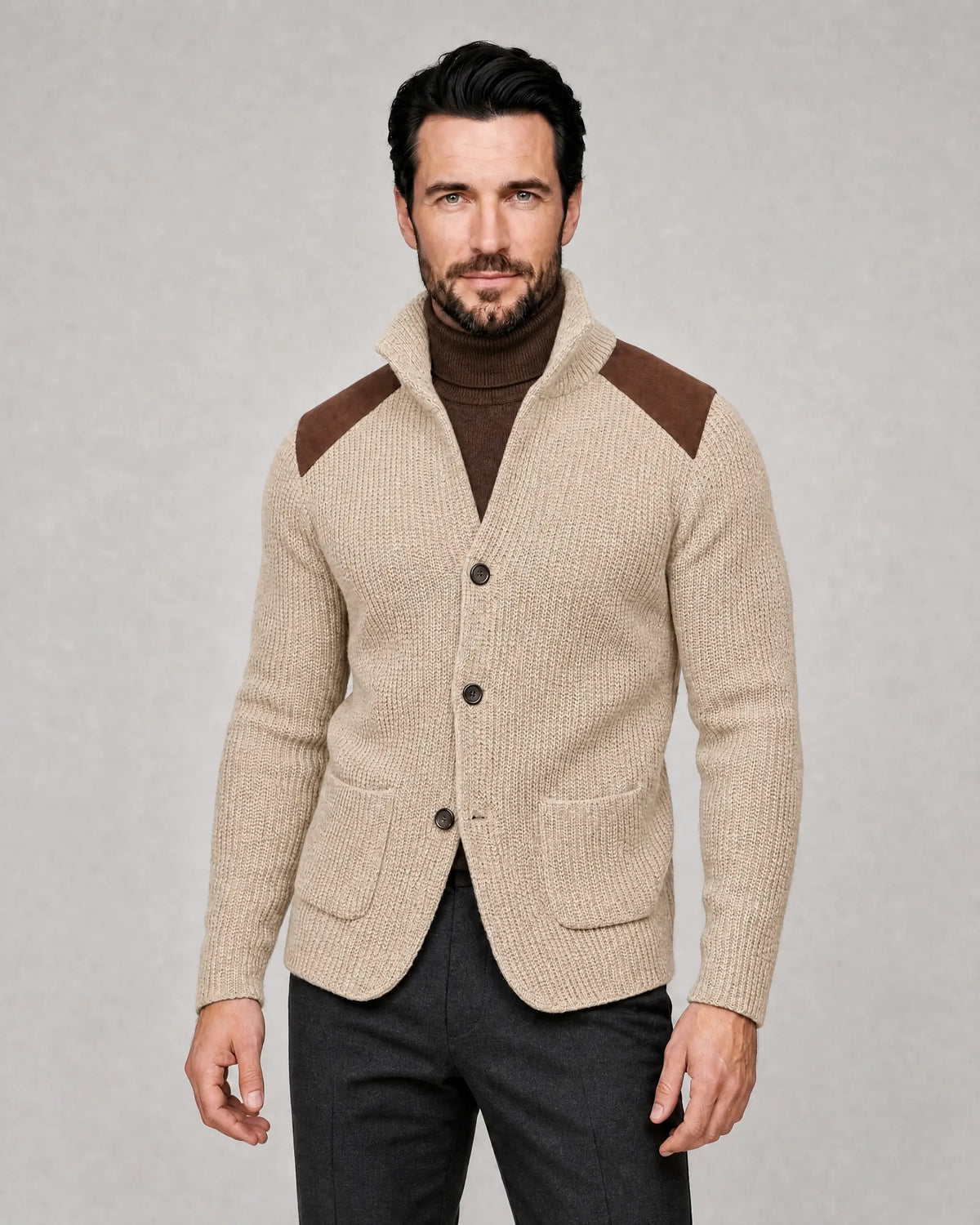 Arthur | Men’s Knit Blazer | Cardigan Jacket with Contrast Shoulder Panels and Patch Pockets-Men Blazers-Ellegamo