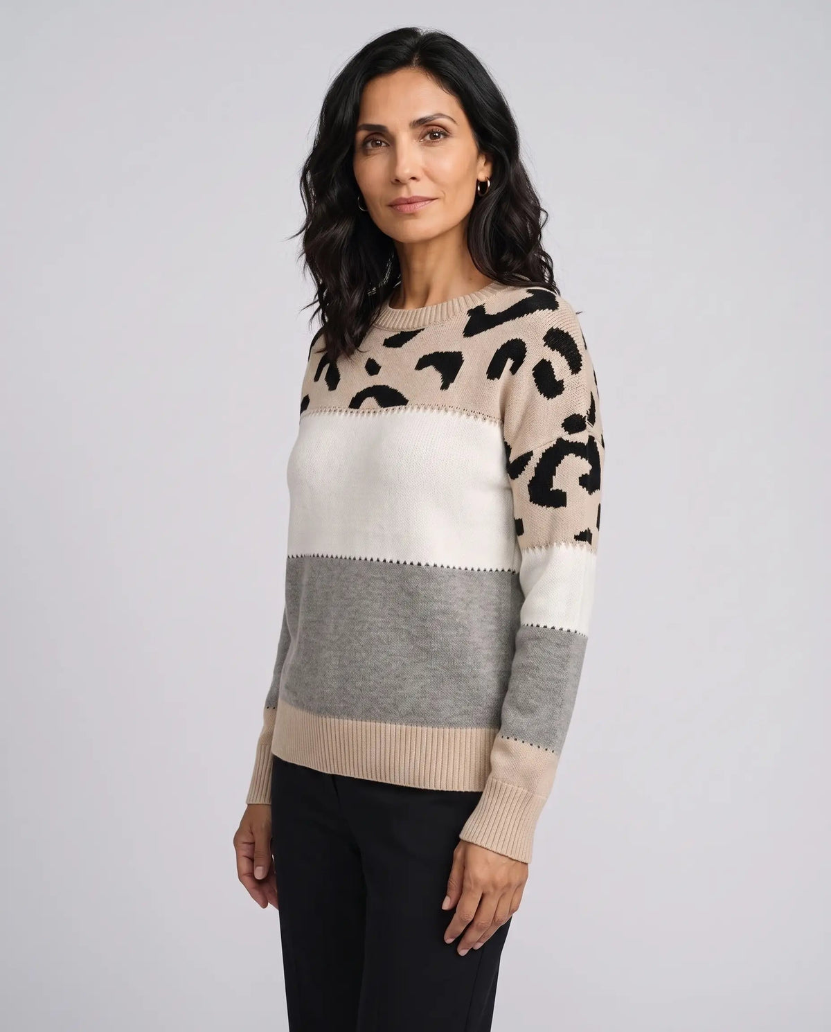 Beatrice | Women’s Leopard Print Jumper | Pullover Sweater with Crew Neck and Colour Block Panels-Women's Sweater-Ellegamo