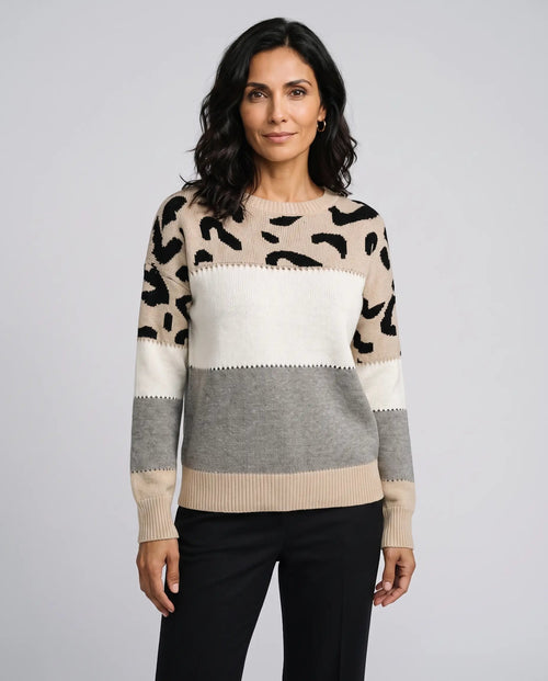 Beatrice | Women’s Leopard Print Jumper | Pullover Sweater with Crew Neck and Colour Block Panels-Women's Sweater-Ellegamo