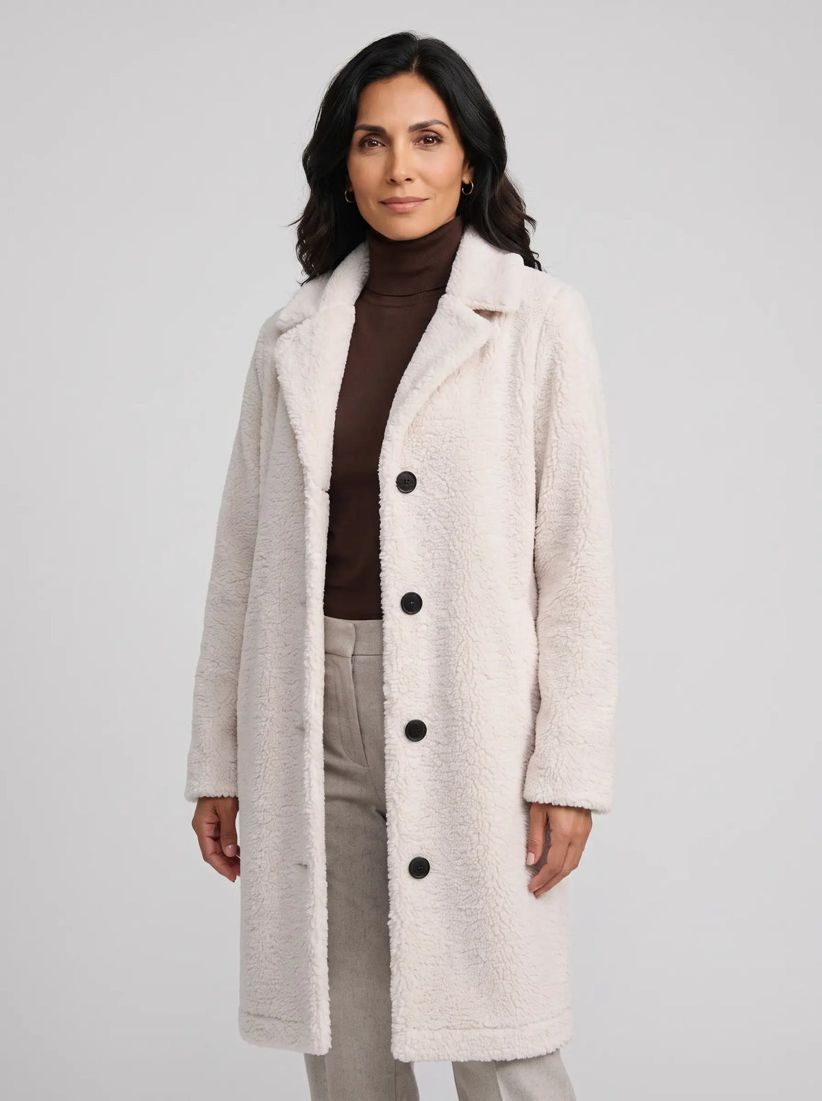 Charlotte | Women’s Long Teddy Fleece Coat | Notched Lapels and Button Fastening-Women's Coats & Jackets-Ellegamo