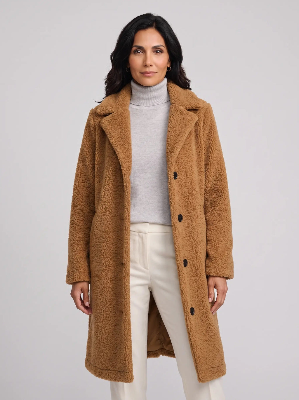 Charlotte | Women’s Long Teddy Fleece Coat | Notched Lapels and Button Fastening-Women's Coats & Jackets-Ellegamo