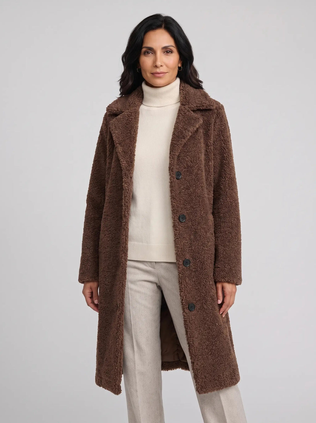 Charlotte | Women’s Long Teddy Fleece Coat | Notched Lapels and Button Fastening-Women's Coats & Jackets-Ellegamo