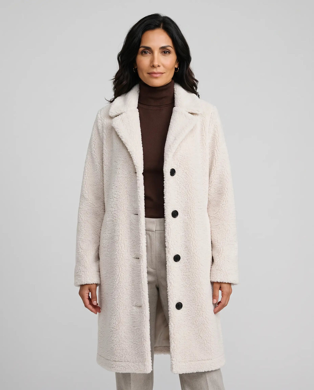 Charlotte | Women’s Long Teddy Fleece Coat | Notched Lapels and Button Fastening-Women's Coats & Jackets-Ellegamo