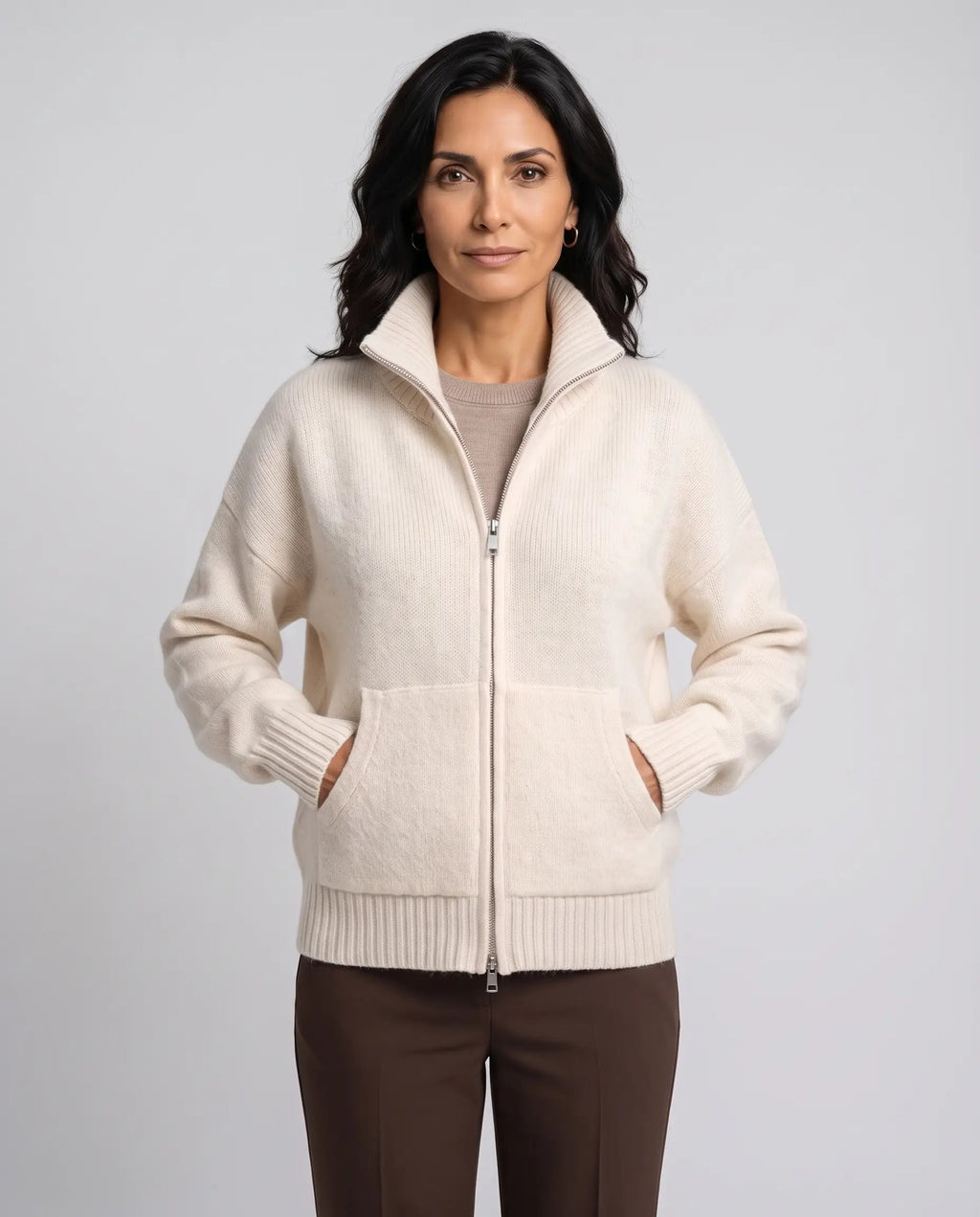 Clara | Women’s Zip-Up Knitted Cardigan | Knit Jacket with Funnel Neck and Front Pockets-Women's Sweater-Ellegamo