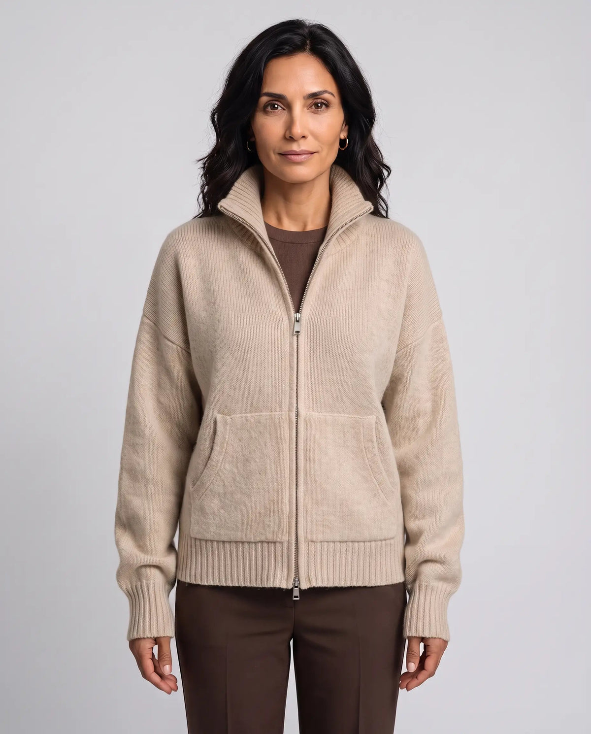 Clara | Women’s Zip-Up Knitted Cardigan | Knit Jacket with Funnel Neck and Front Pockets-Women's Sweater-Ellegamo