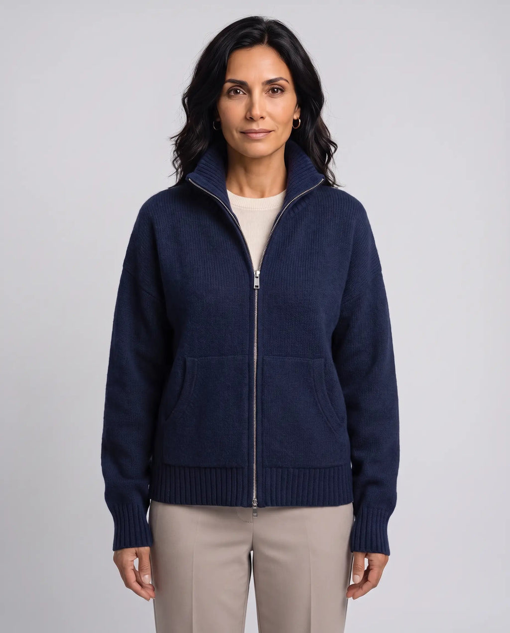 Clara | Women’s Zip-Up Knitted Cardigan | Knit Jacket with Funnel Neck and Front Pockets-Women's Sweater-Ellegamo