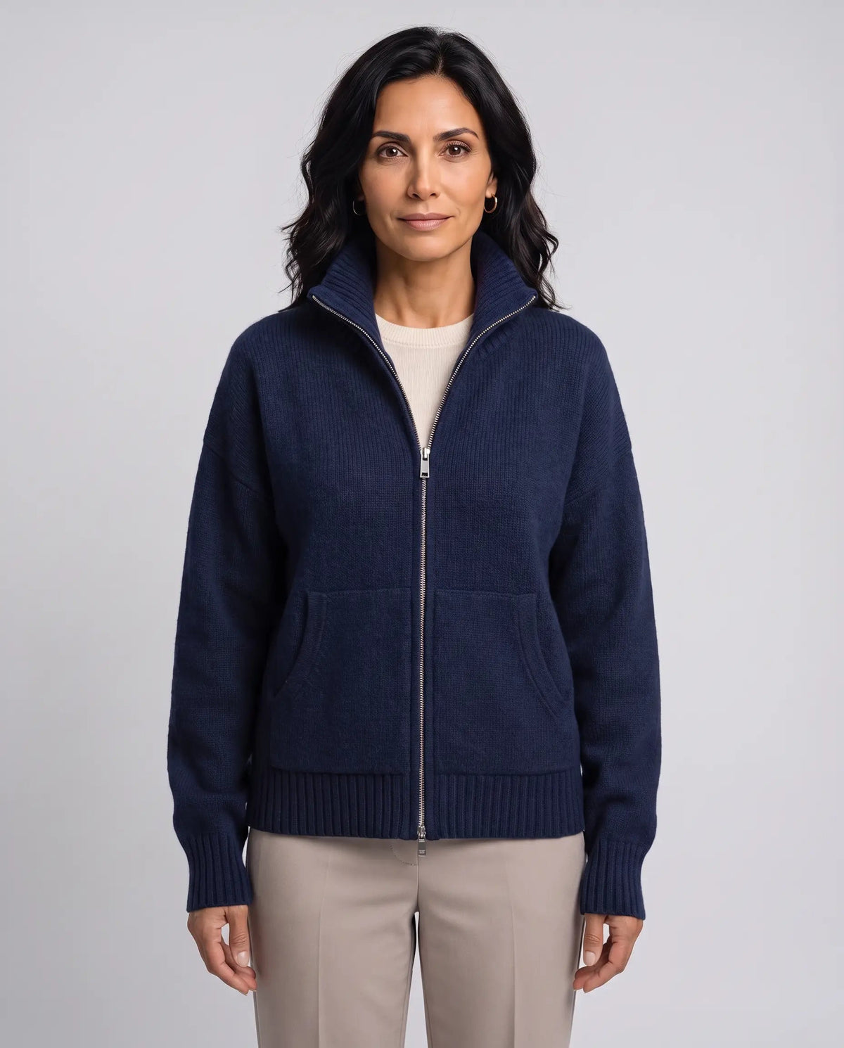 Clara | Women’s Zip-Up Knitted Cardigan | Knit Jacket with Funnel Neck and Front Pockets-Women's Sweater-Ellegamo