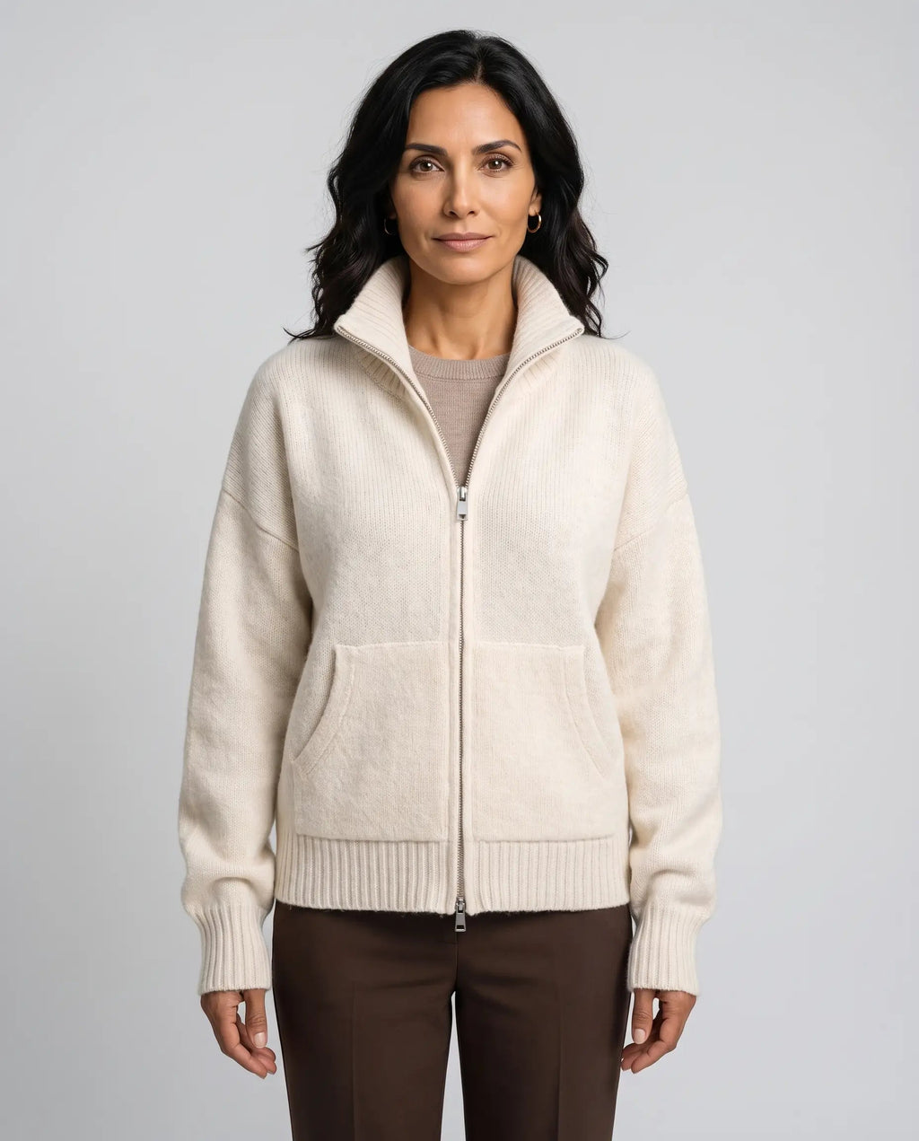 Clara | Women’s Zip-Up Knitted Cardigan | Knit Jacket with Funnel Neck and Front Pockets-Women's Sweater-Ellegamo