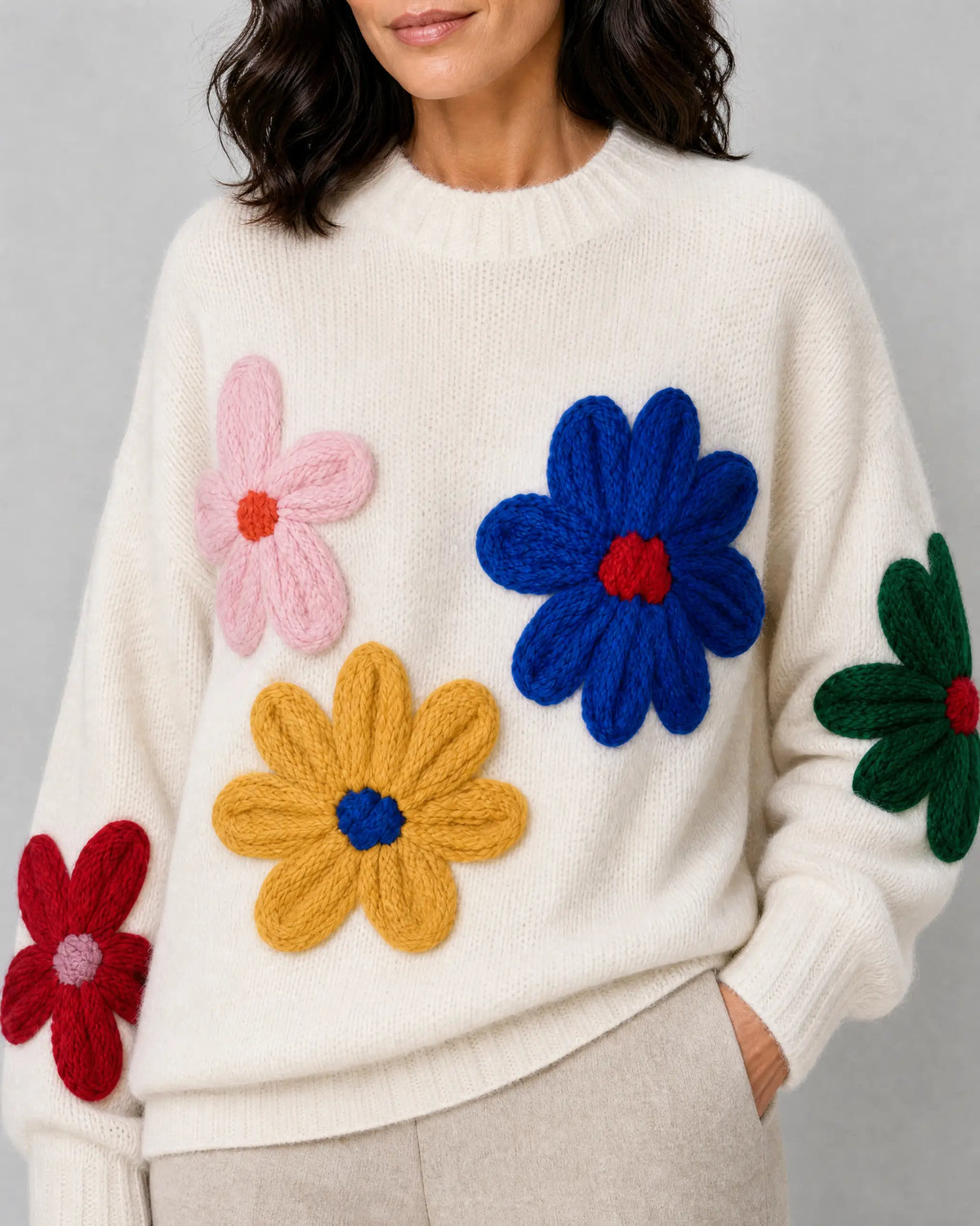 Daisy | Women’s Oversized Knit Sweater | Floral Pullover Jumper with Crew Neck and Long Sleeves-Women's Sweater-Ellegamo