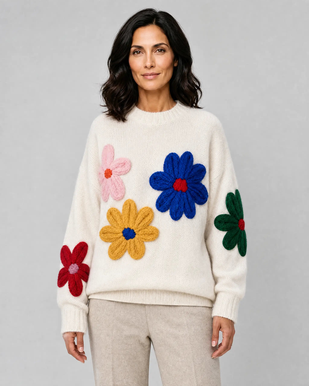 Daisy | Women’s Oversized Knit Sweater | Floral Pullover Jumper with Crew Neck and Long Sleeves-Women's Sweater-Ellegamo