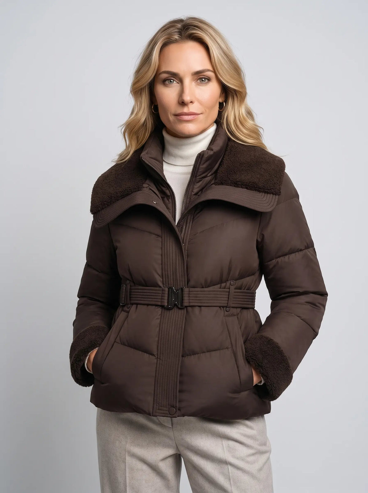 Eleanor | Women’s Puffer Jacket | Belted Quilted Coat with Textured Collar and Cuffs-Puffer Jackets-Ellegamo