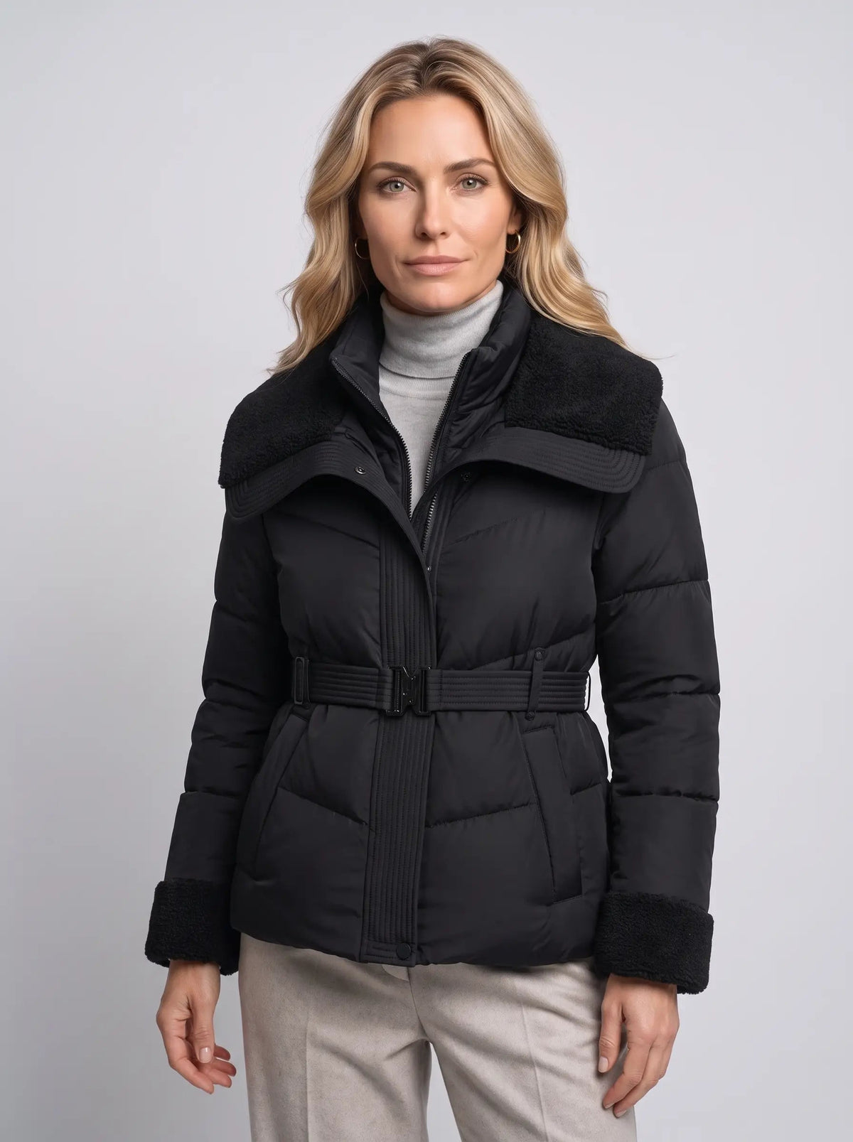 Eleanor | Women’s Puffer Jacket | Belted Quilted Coat with Textured Collar and Cuffs-Puffer Jackets-Ellegamo