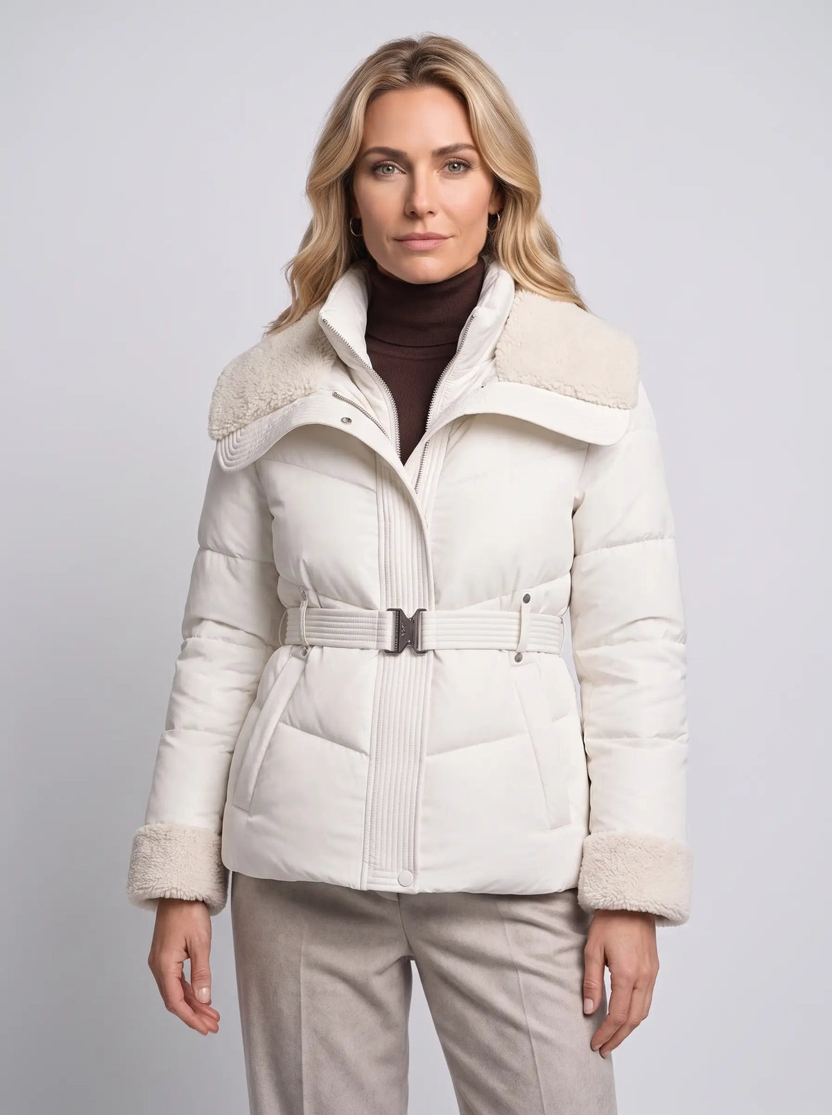 Eleanor | Women’s Puffer Jacket | Belted Quilted Coat with Textured Collar and Cuffs-Puffer Jackets-Ellegamo