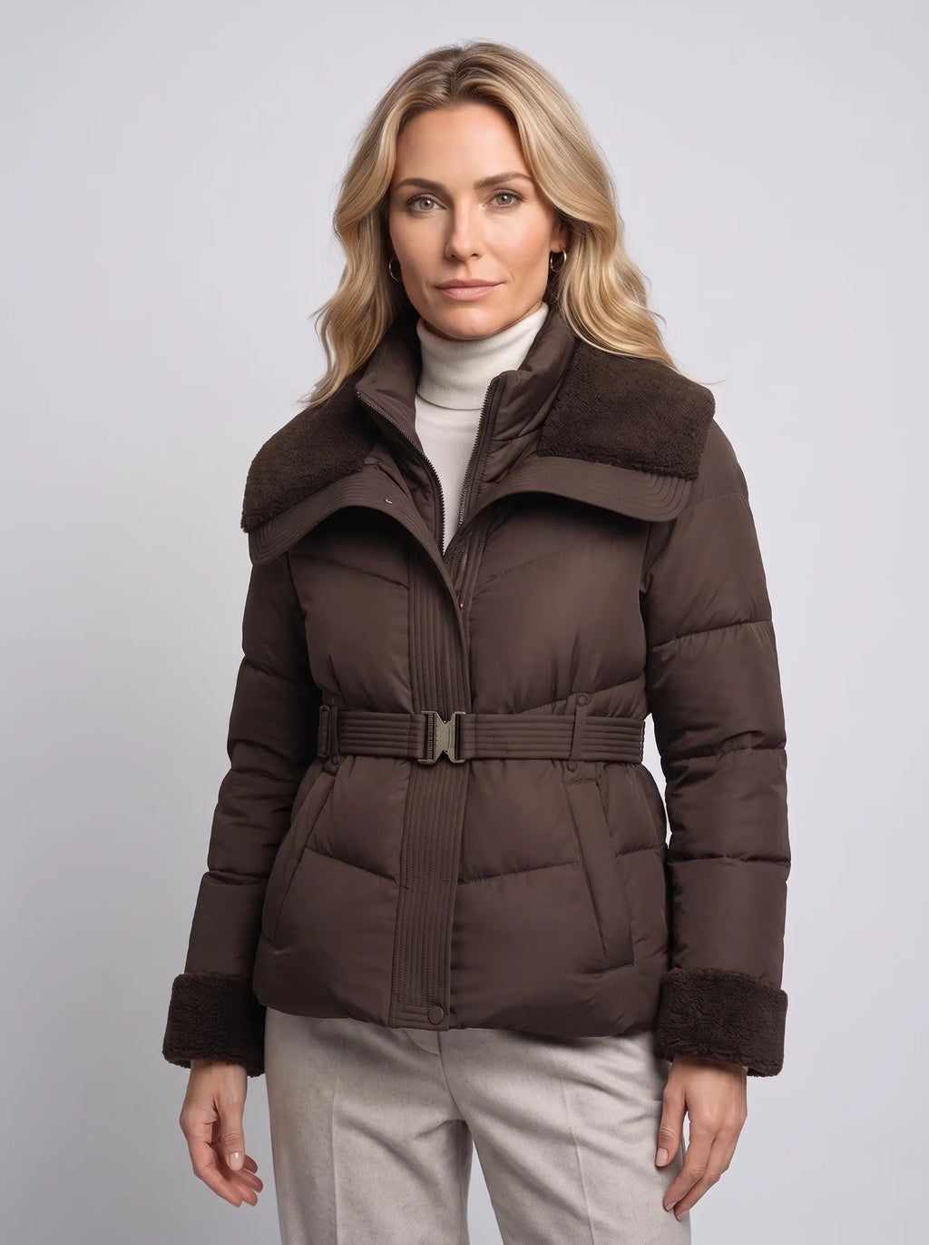 Eleanor | Women’s Puffer Jacket | Belted Quilted Coat with Textured Collar and Cuffs-Puffer Jackets-Ellegamo