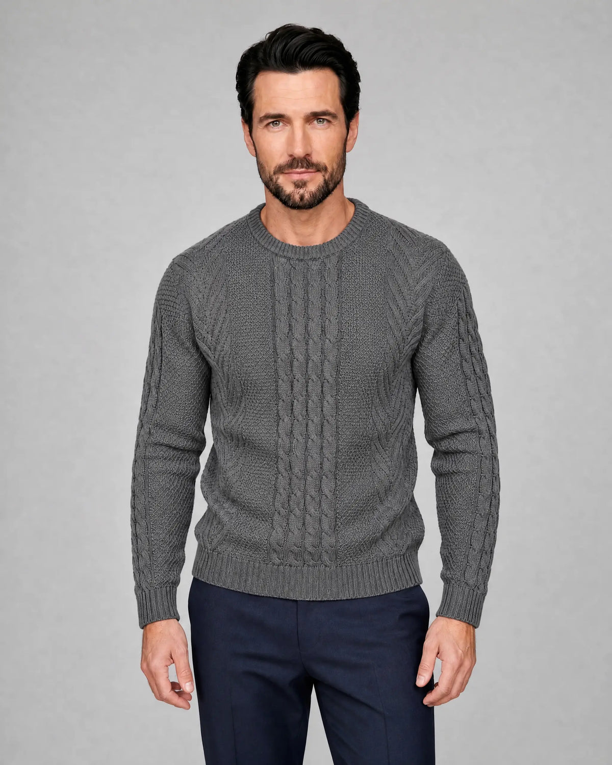 George | Men’s Cable Knit Sweater | Pullover Jumper with Crew Neck and Ribbed Cuffs-Men's Sweaters-Ellegamo