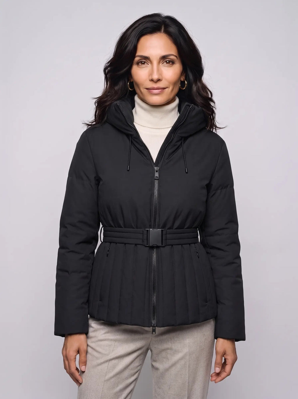 Harriet | Women’s Quilted Jacket | Belted Puffer Jacket with Hood and Zip Front-Puffer Jackets-Ellegamo