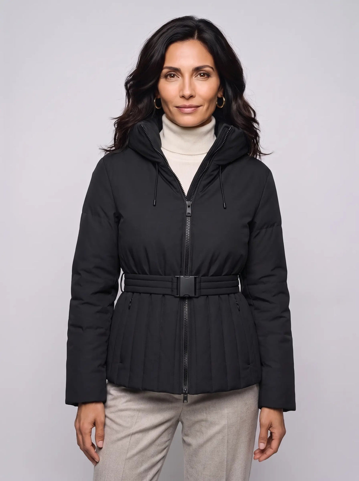 Harriet | Women’s Quilted Jacket | Belted Puffer Jacket with Hood and Zip Front-Puffer Jackets-Ellegamo