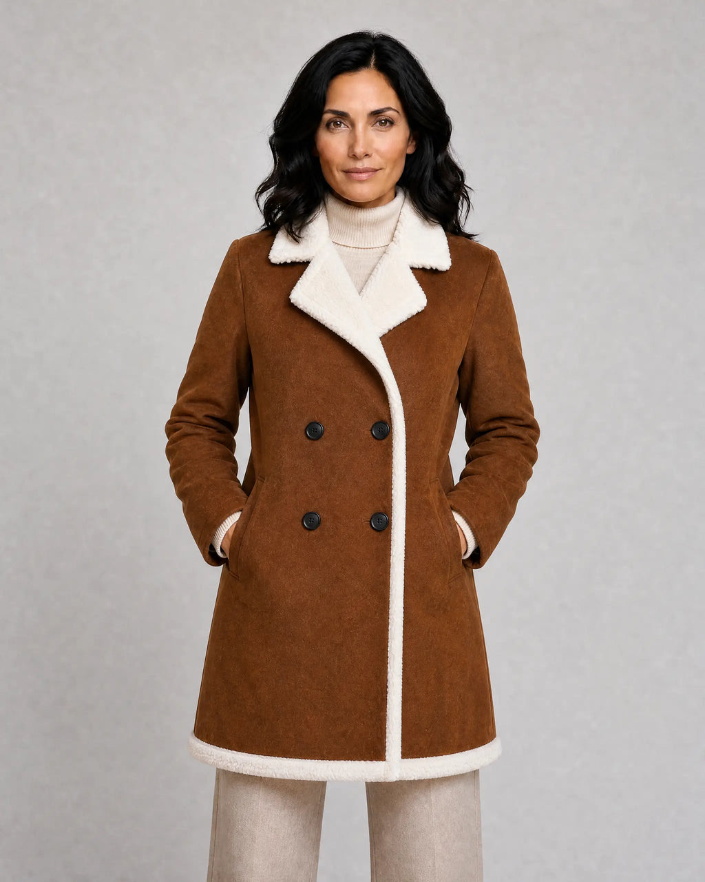 Harriet | Women’s Teddy Trim Coat | Longline Jacket with Notched Lapels and Double-Breasted Front-Women's Coats & Jackets-Ellegamo