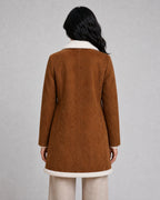 Harriet | Women’s Teddy Trim Coat | Longline Jacket with Notched Lapels and Double-Breasted Front-Women's Coats & Jackets-Ellegamo