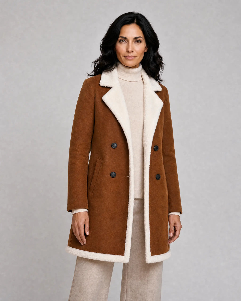 Harriet | Women’s Teddy Trim Coat | Longline Jacket with Notched Lapels and Double-Breasted Front-Women's Coats & Jackets-Ellegamo