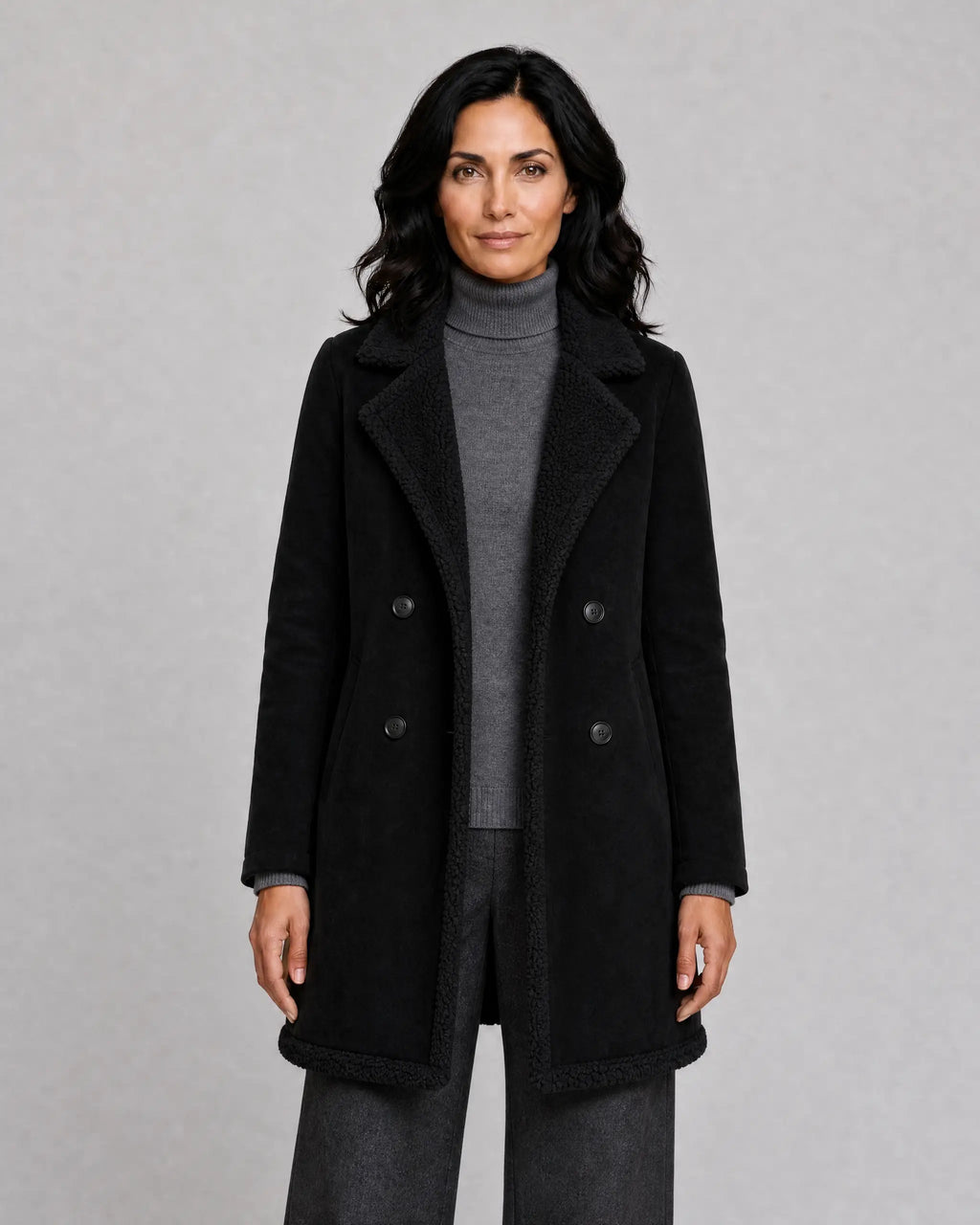 Harriet | Women’s Teddy Trim Coat | Longline Jacket with Notched Lapels and Double-Breasted Front-Women's Coats & Jackets-Ellegamo
