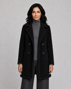 Harriet | Women’s Teddy Trim Coat | Longline Jacket with Notched Lapels and Double-Breasted Front-Women's Coats & Jackets-Ellegamo