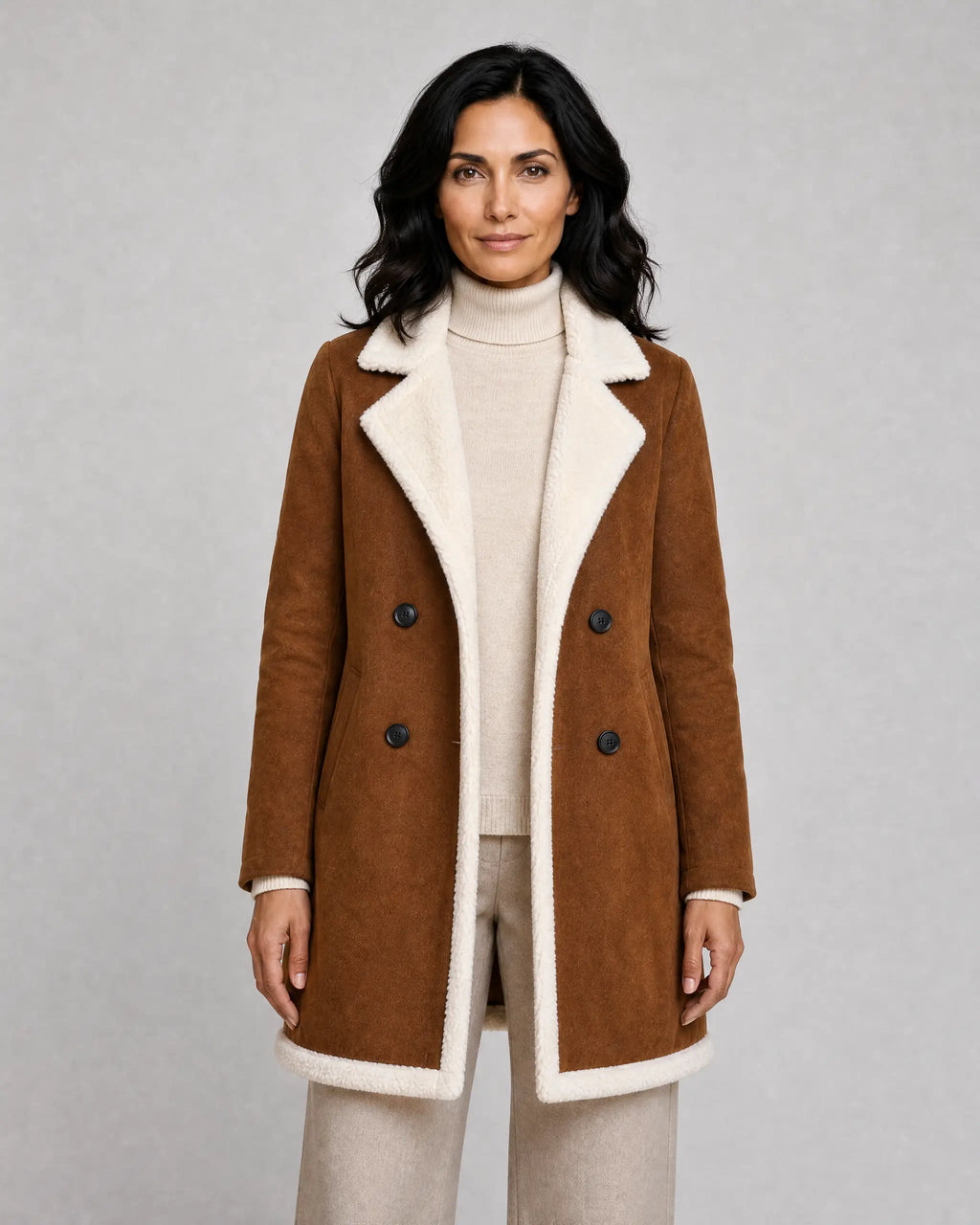 Harriet | Women’s Teddy Trim Coat | Longline Jacket with Notched Lapels and Double-Breasted Front-Women's Coats & Jackets-Ellegamo