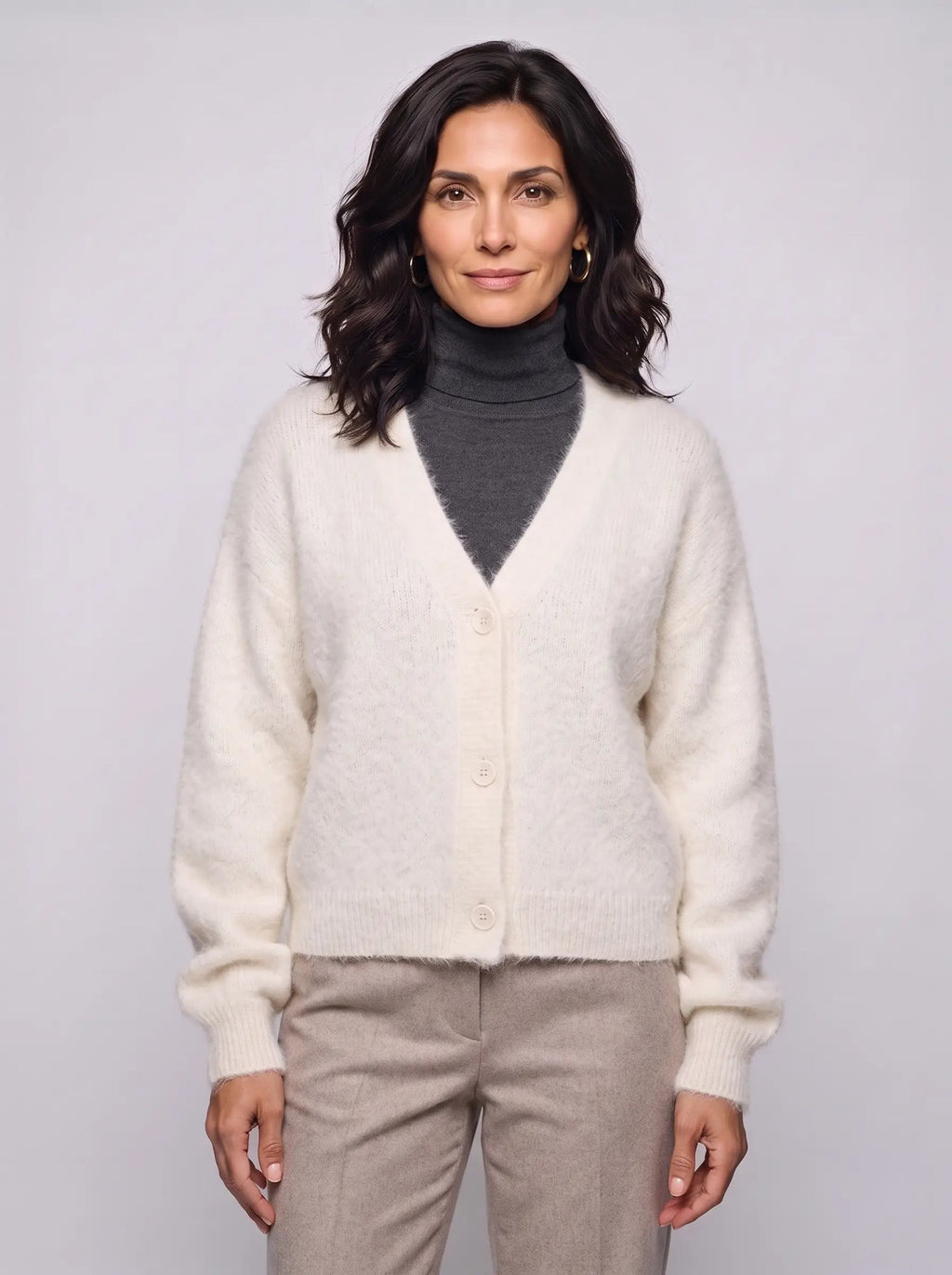 Imogen | Women’s Fluffy Knit Cardigan | Button-Up Knitwear with V-Neck and Long Sleeves-Women's Cardigan-Ellegamo