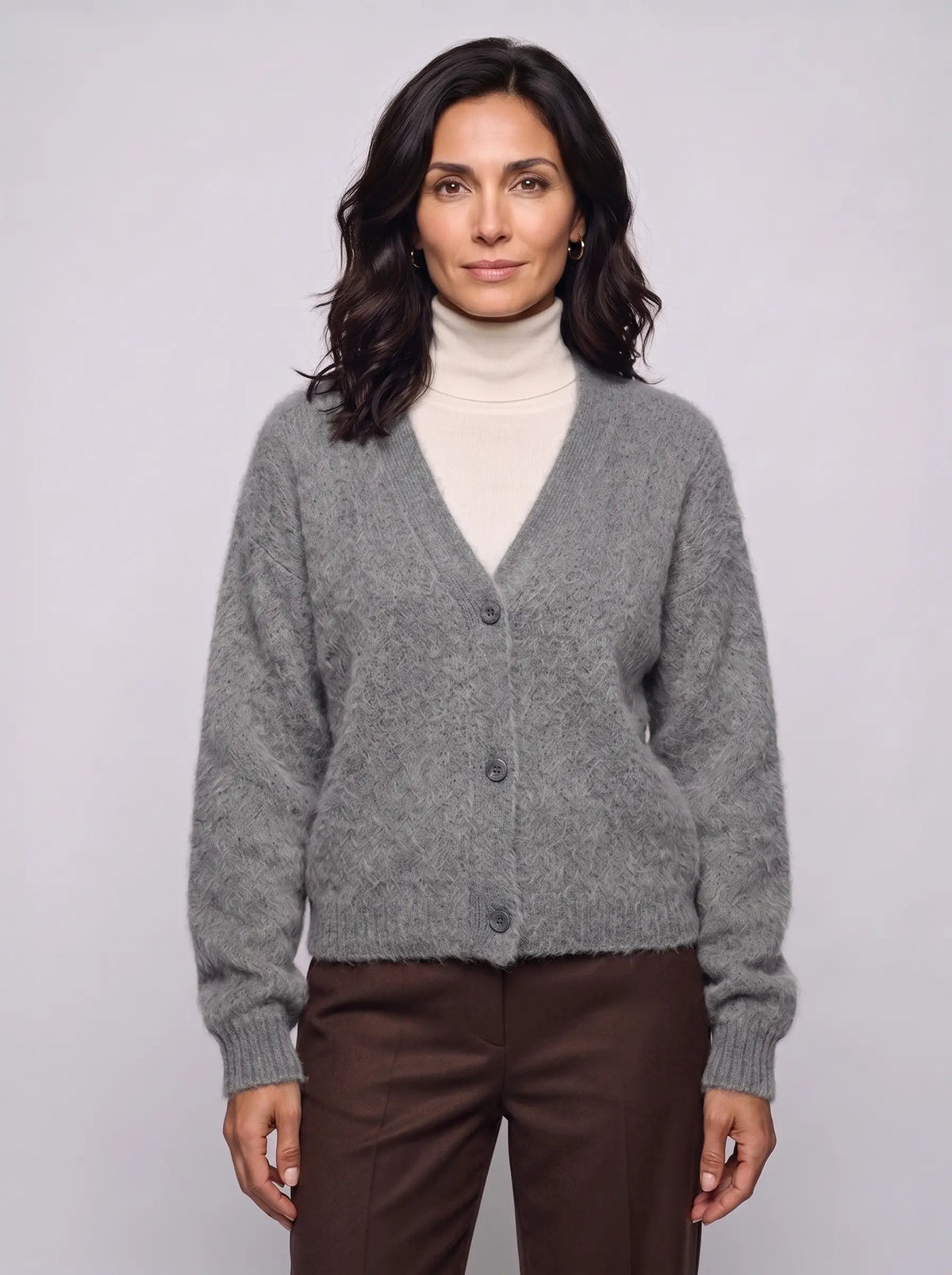 Imogen | Women’s Fluffy Knit Cardigan | Button-Up Knitwear with V-Neck and Long Sleeves-Women's Cardigan-Ellegamo