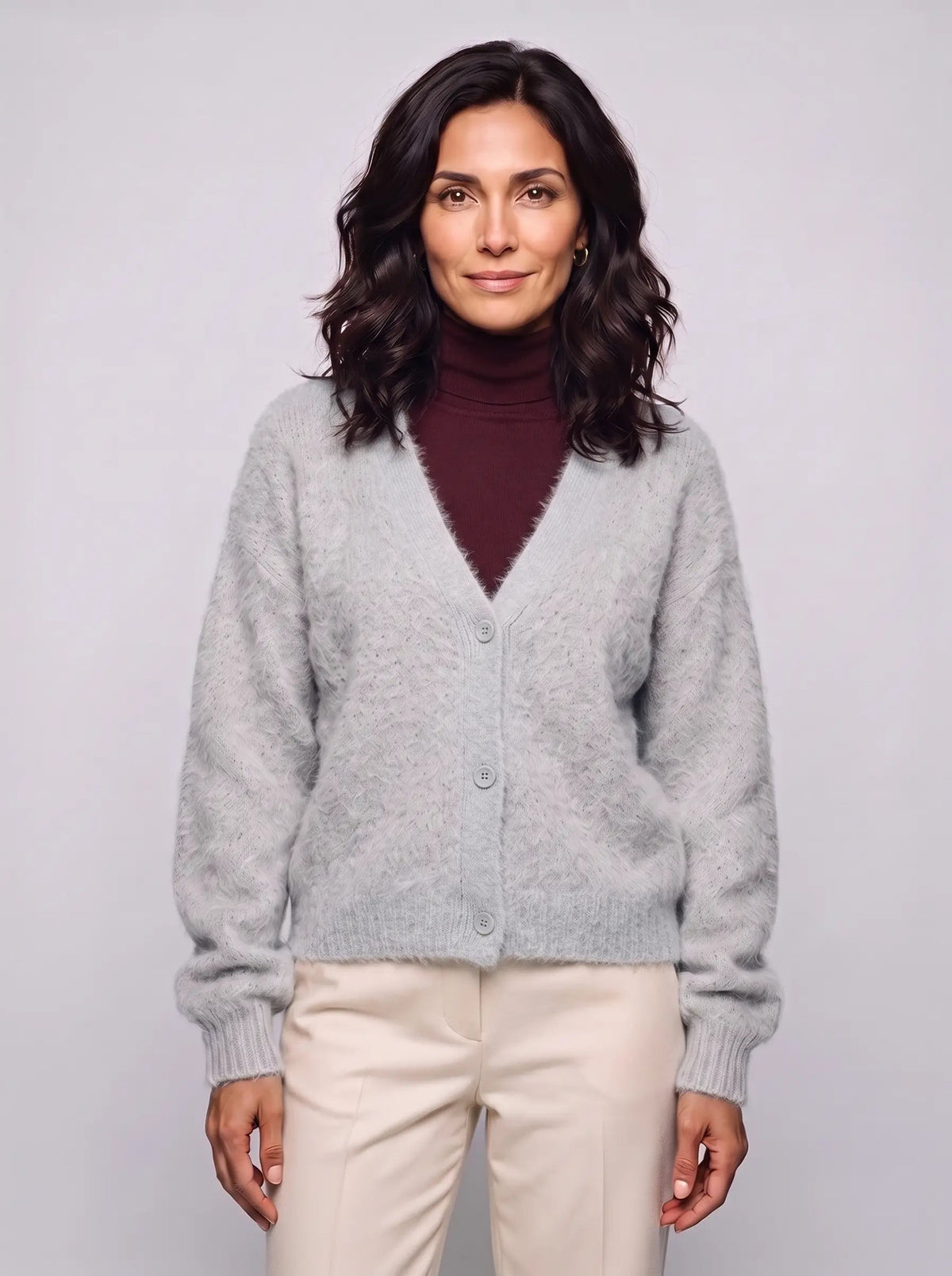 Imogen | Women’s Fluffy Knit Cardigan | Button-Up Knitwear with V-Neck and Long Sleeves-Women's Cardigan-Ellegamo