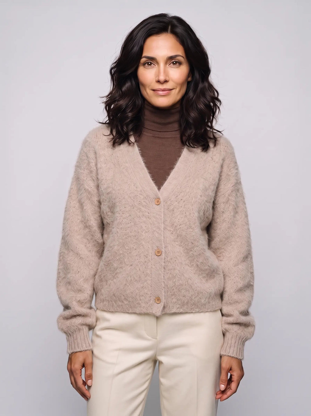Imogen | Women’s Fluffy Knit Cardigan | Button-Up Knitwear with V-Neck and Long Sleeves-Women's Cardigan-Ellegamo