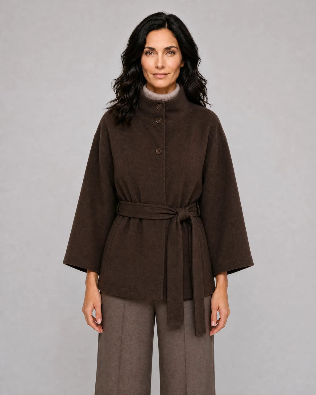 Lydia | Women’s Belted Cape Jacket | Short Coat with Stand Collar and Wide Sleeves-Women's Coats & Jackets-Ellegamo
