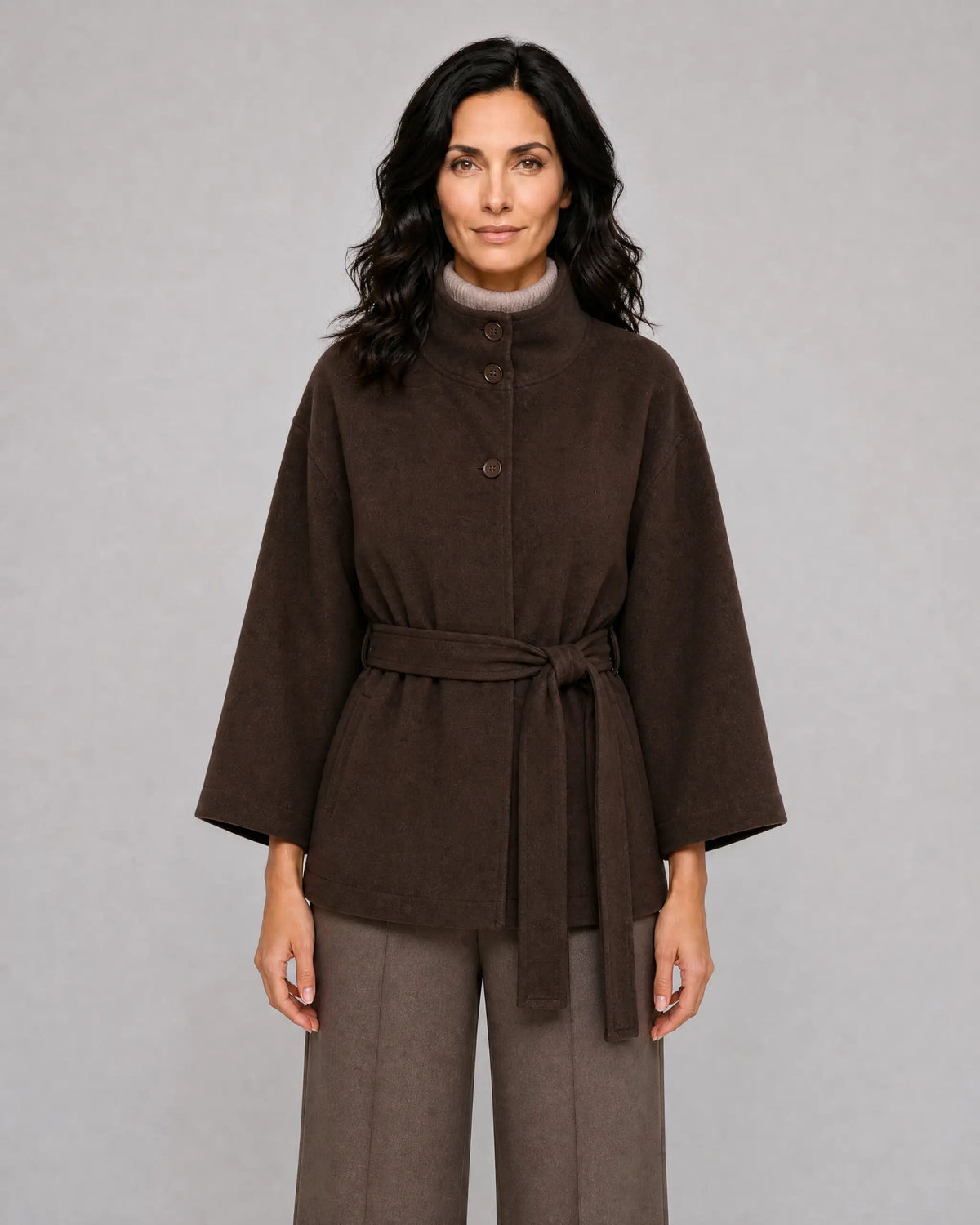Lydia | Women’s Belted Cape Jacket | Short Coat with Stand Collar and Wide Sleeves-Women's Coats & Jackets-Ellegamo