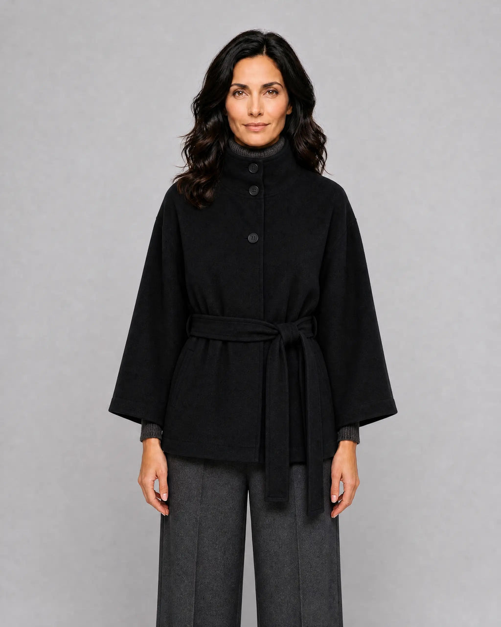 Lydia | Women’s Belted Cape Jacket | Short Coat with Stand Collar and Wide Sleeves-Women's Coats & Jackets-Ellegamo