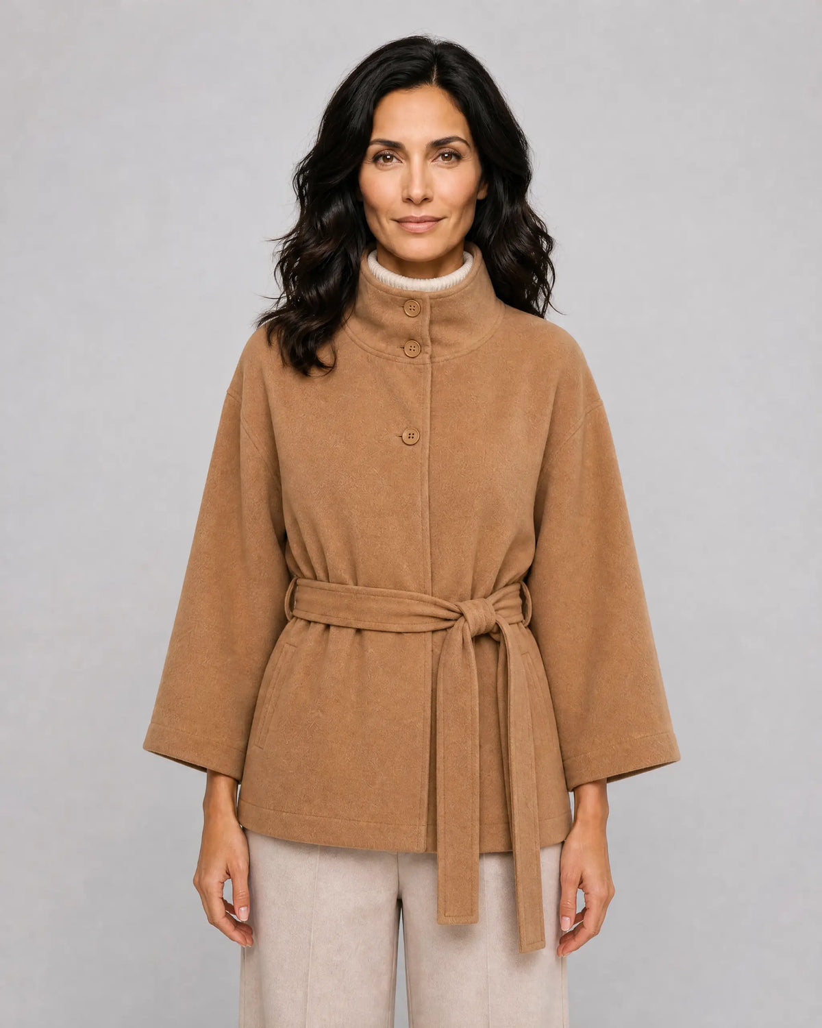 Lydia | Women’s Belted Cape Jacket | Short Coat with Stand Collar and Wide Sleeves-Women's Coats & Jackets-Ellegamo