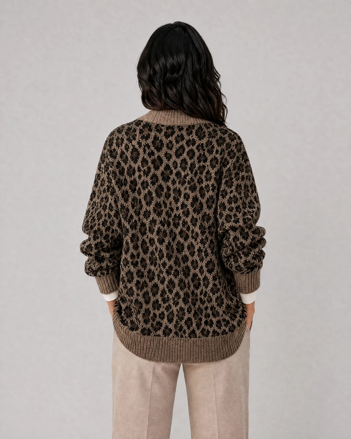 Matilda | Women’s Leopard Knit Cardigan | Animal Print Knitwear with V-Neck and Button Front-Women's Cardigan-Ellegamo