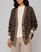 Matilda | Women’s Leopard Knit Cardigan | Animal Print Knitwear with V-Neck and Button Front-Women's Cardigan-Ellegamo