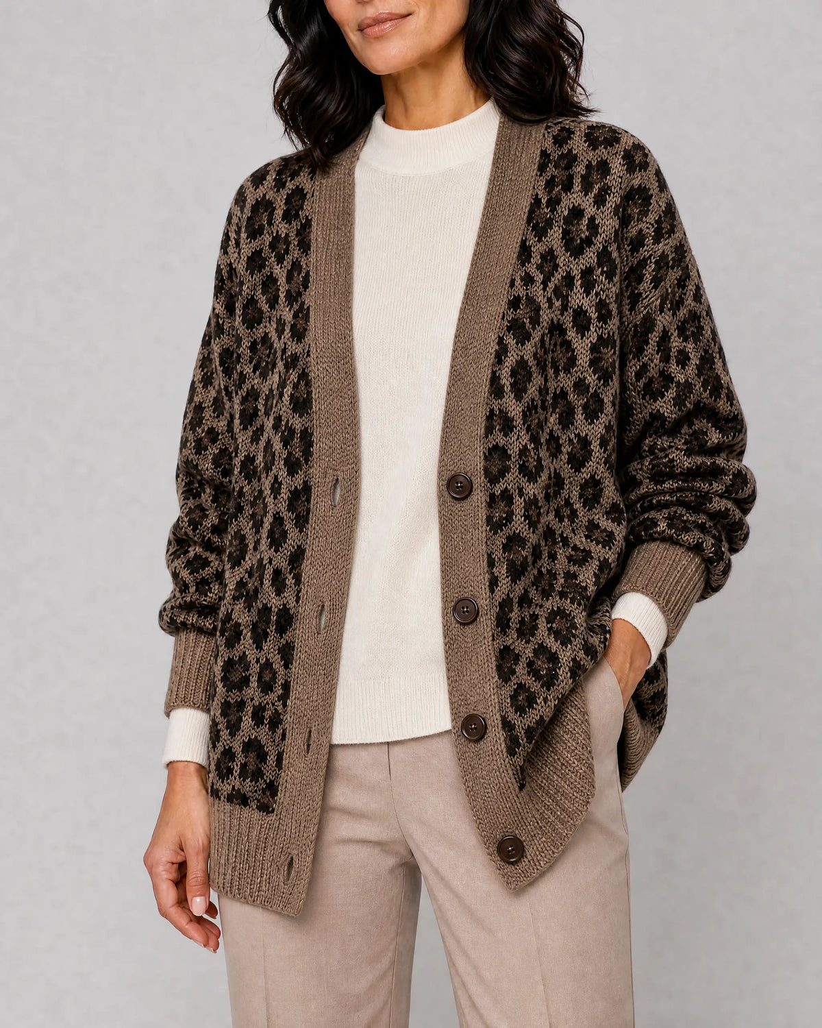 Matilda | Women’s Leopard Knit Cardigan | Animal Print Knitwear with V-Neck and Button Front-Women's Cardigan-Ellegamo