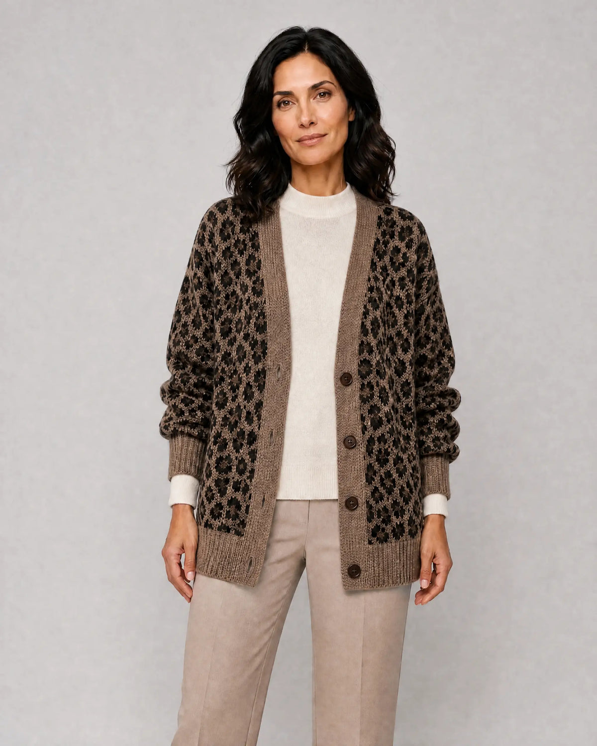 Matilda | Women’s Leopard Knit Cardigan | Animal Print Knitwear with V-Neck and Button Front-Women's Cardigan-Ellegamo