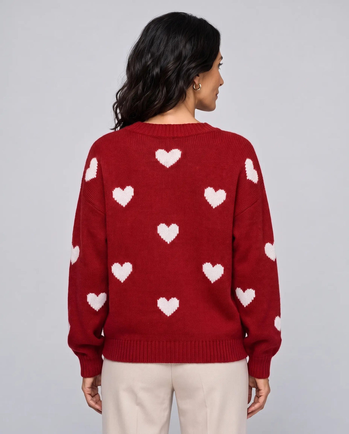 Poppy | Women’s Heart Print Knitted Jumper | Pullover Sweater with Crew Neck and Long Sleeves-Women's Sweaters-Ellegamo