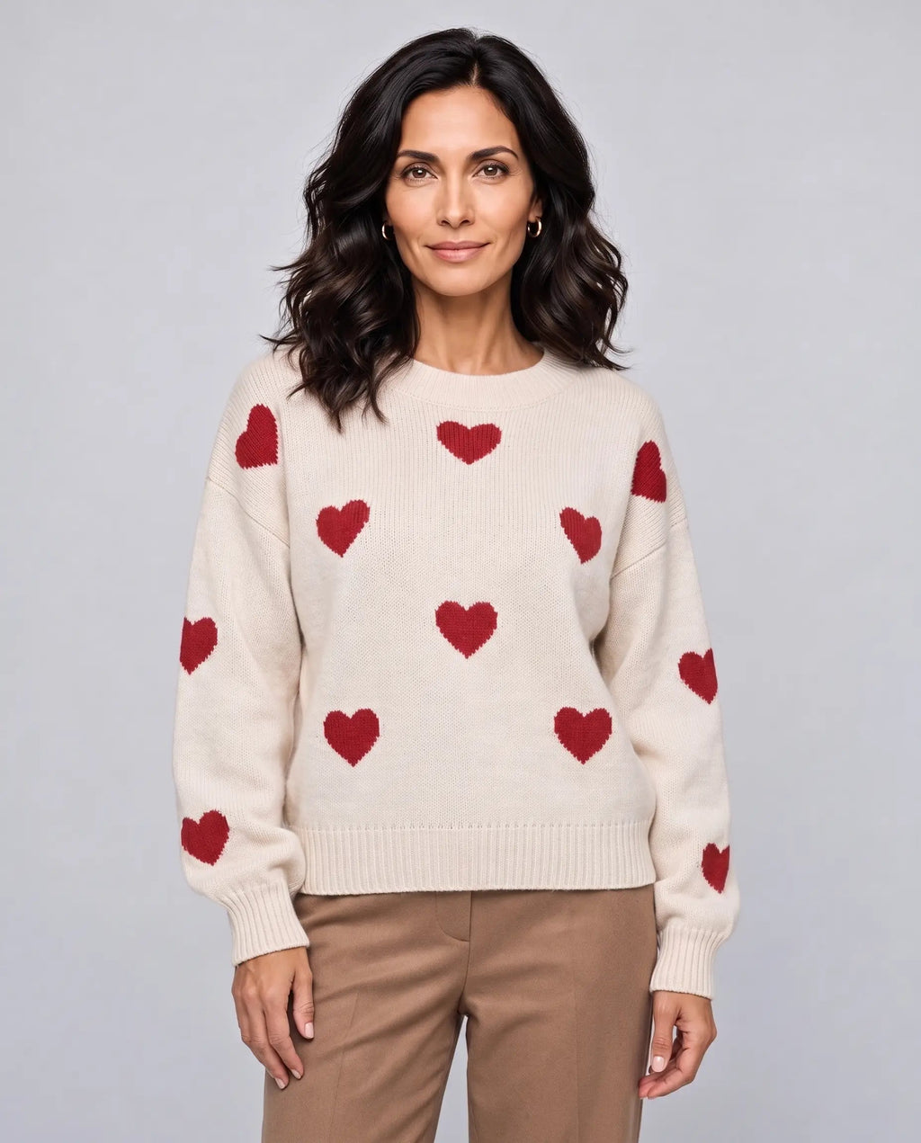 Poppy | Women’s Heart Print Knitted Jumper | Pullover Sweater with Crew Neck and Long Sleeves-Women's Sweaters-Ellegamo