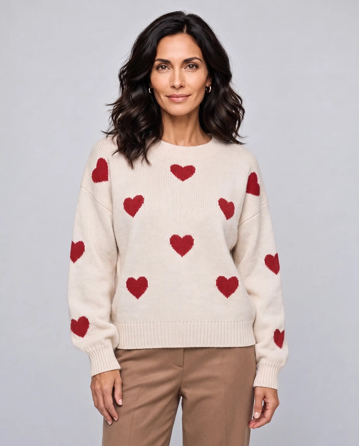 Poppy | Women’s Heart Print Knitted Jumper | Pullover Sweater with Crew Neck and Long Sleeves-Women's Sweaters-Ellegamo