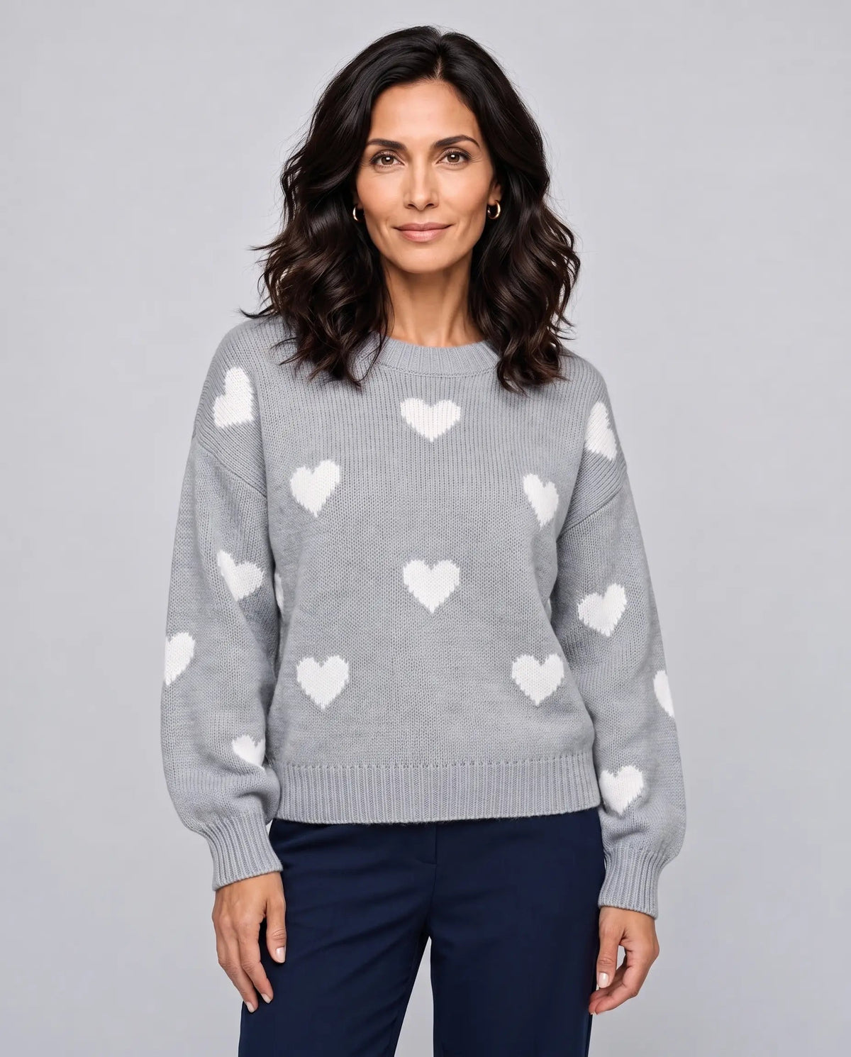 Poppy | Women’s Heart Print Knitted Jumper | Pullover Sweater with Crew Neck and Long Sleeves-Women's Sweaters-Ellegamo
