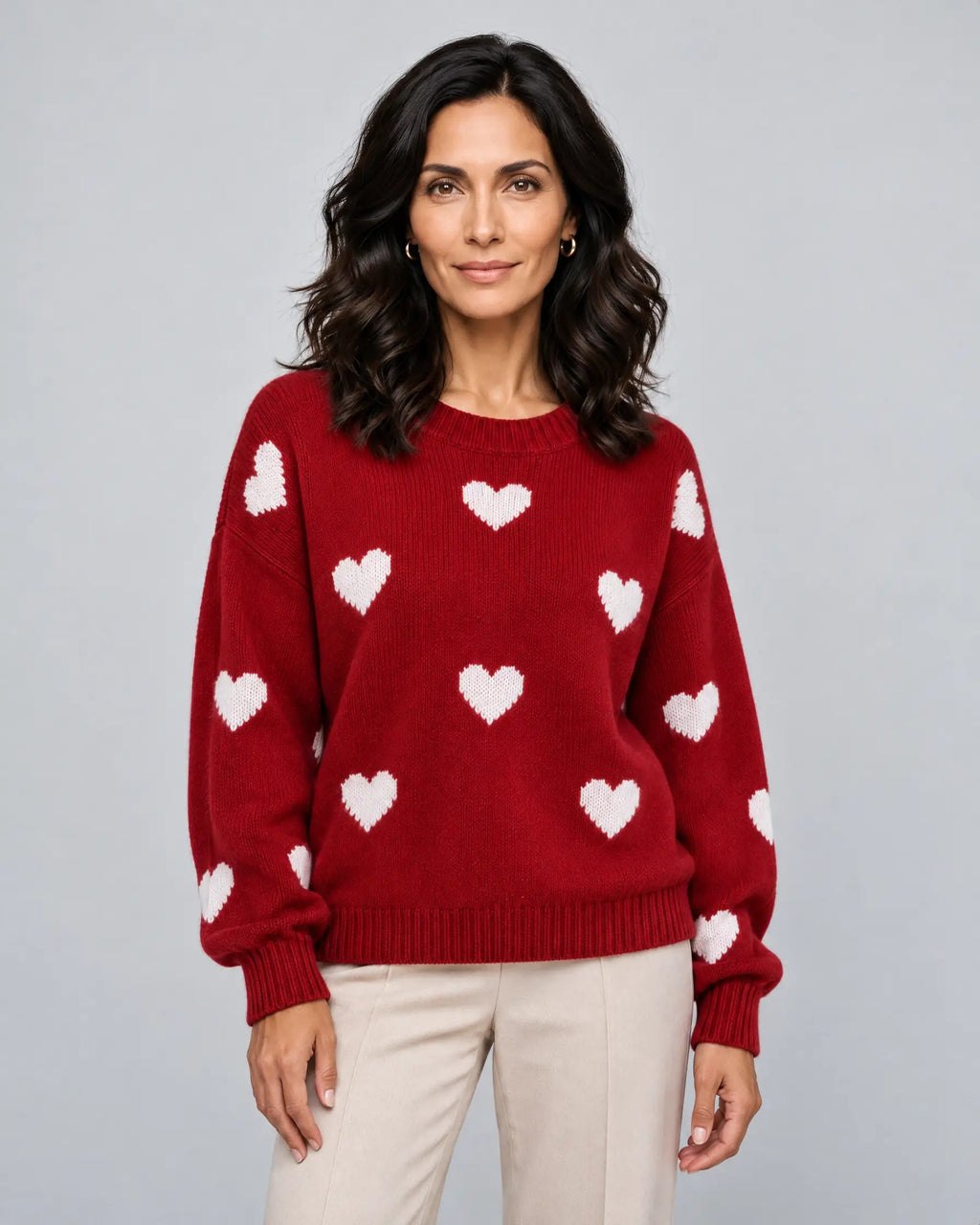 Poppy | Women’s Heart Print Knitted Jumper | Pullover Sweater with Crew Neck and Long Sleeves-Women's Sweaters-Ellegamo