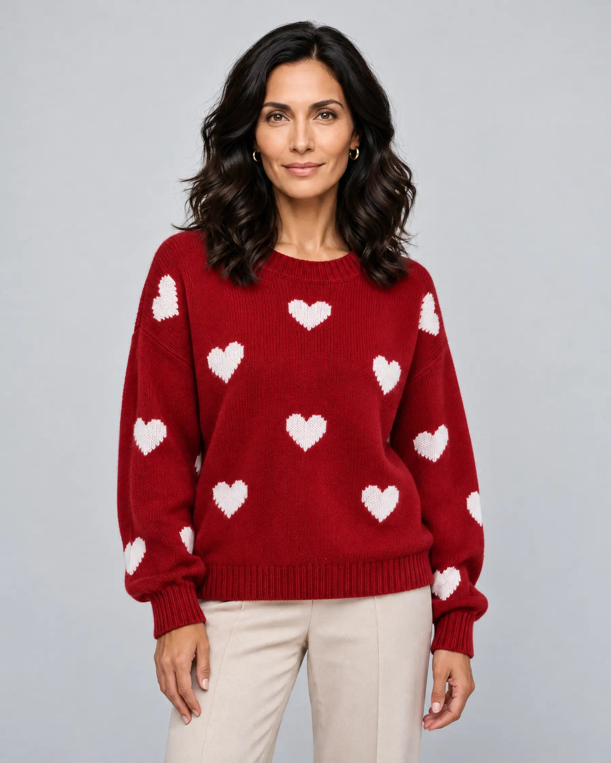 Poppy | Women’s Heart Print Knitted Jumper | Pullover Sweater with Crew Neck and Long Sleeves-Women's Sweaters-Ellegamo